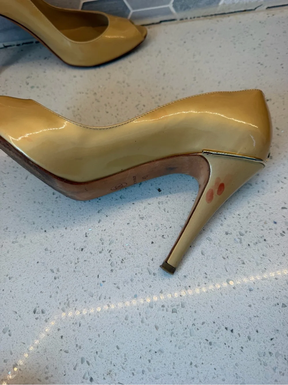 Name Your Price. CHANEL Gold Patent Leather Heels with CC Logo